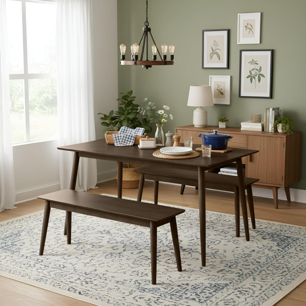 Alaterre Furniture Calais Dining – 3 Piece Dining Table Set for 4 with Benches – Mid Century Modern 59-Inch Solid Wood Kitchen & Dining Room Table with Two 46-Inch Bench (Pecan Finish)