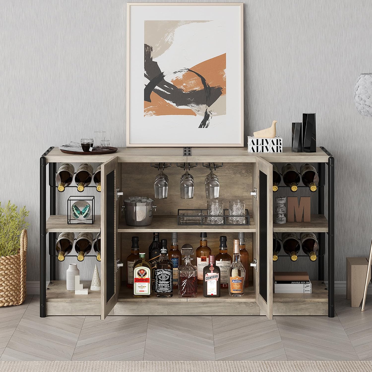 GAOMON Wine Bar Cabinet, Liquor Cabinet for Liquor and Glasses, Industrial Bars & Wine Cabinets with Storage and Wine Rack, Home Bar Furniture for Dining Room, Living Room, Kitchen (Grey)