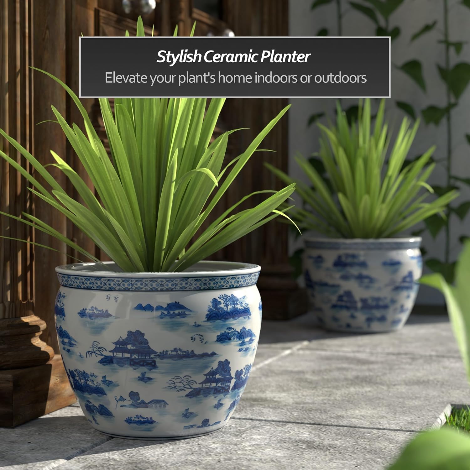 Red Lantern 16' Landscape Blue & White Porcelain Fishbowl Planter or Cachepot for Indoor/Outdoor Use in Garden Entryway Living Room Boho Eclectic Modern Contemporary Classic Traditional Style Decor
