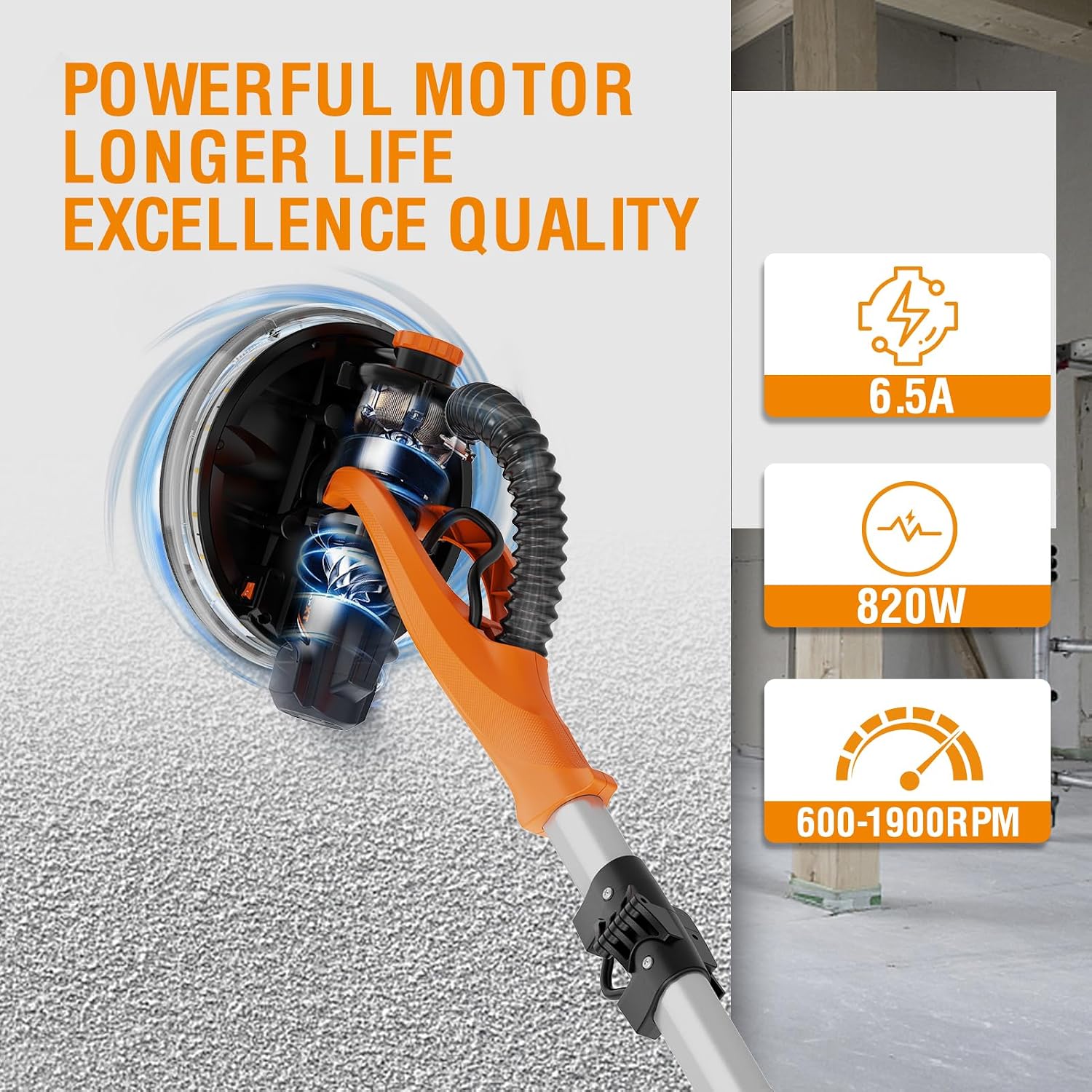 MAXXT Drywall Sander with Vacuum Dust Collection, 6 Variable Speed Foldable Telescopic Electric Wall Sander, Popcorn Ceiling Removal Tool, 1900RPM Power Sander Tool, LED Light, 18Pcs Sanding Discs