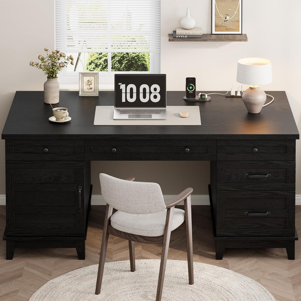 IDEALHOUSE Farmhouse Executive Desk 60 Inch, All-in-One Home Office Table with Built-in Charging Port, Rustic Wooden Computer Desk with File Drawers for Work, Rustic Black