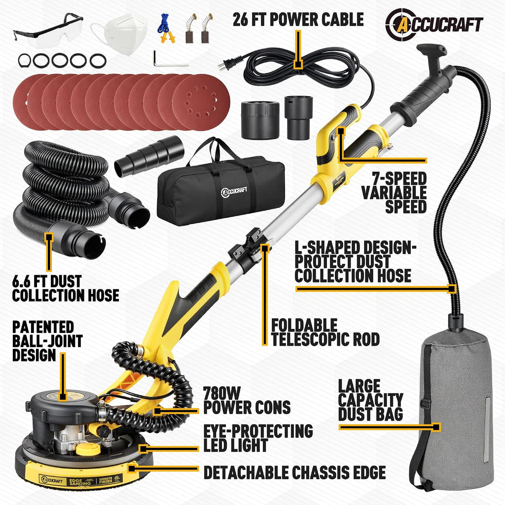 Drywall Sander, 800W Powerful Electric Drywall Sander with Vacuum, 99% Dust Absorption Dust-free Design, 7 Variable Speed 900-1800RPM, 26' Power Cord, LED Light, for Popcorn Ceiling etc