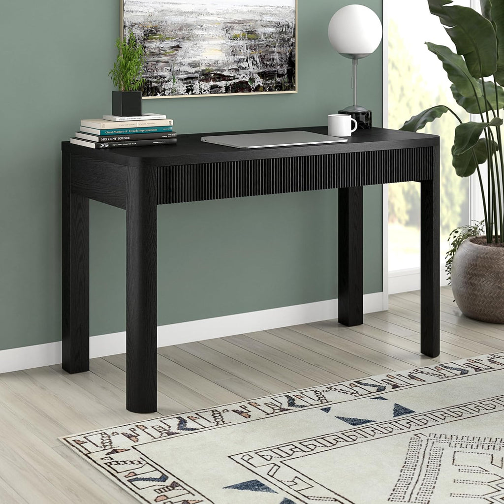 Henn&Hart 48' Fluted Modern Rectangular Wooden Home Office Desk Computer Desk Writing Table with 2 Ribbed Storage Drawers for Bedroom, Living Room, or Home Office, Natural Black