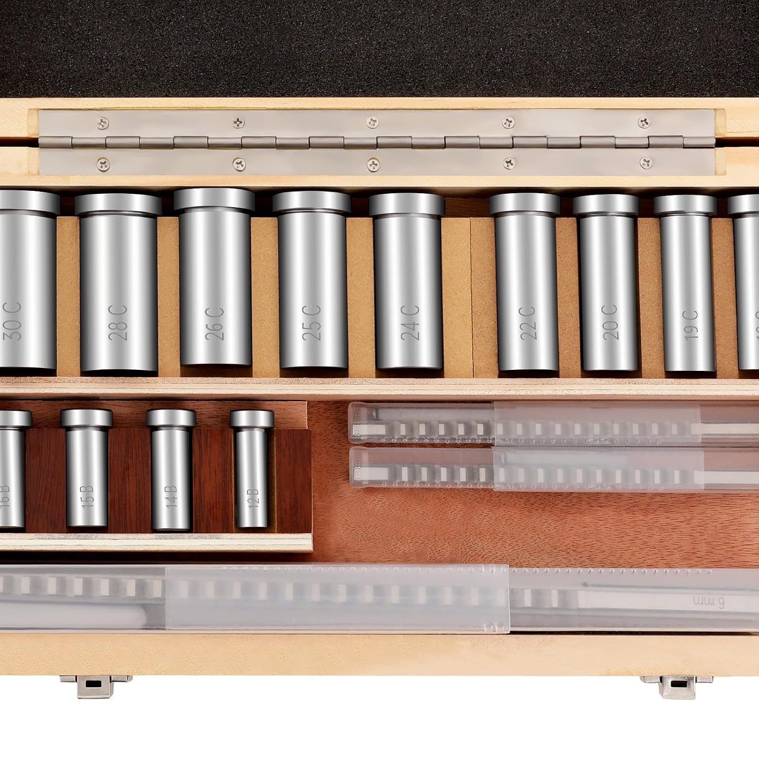 22-Piece Boxed Keyway Broach Set, Metric Size Broach Sleeve Shim Set, Keyway Broach Set, Metalworking Industrial Tools, includ 4 broaches, 5 shims, and 13 bushings