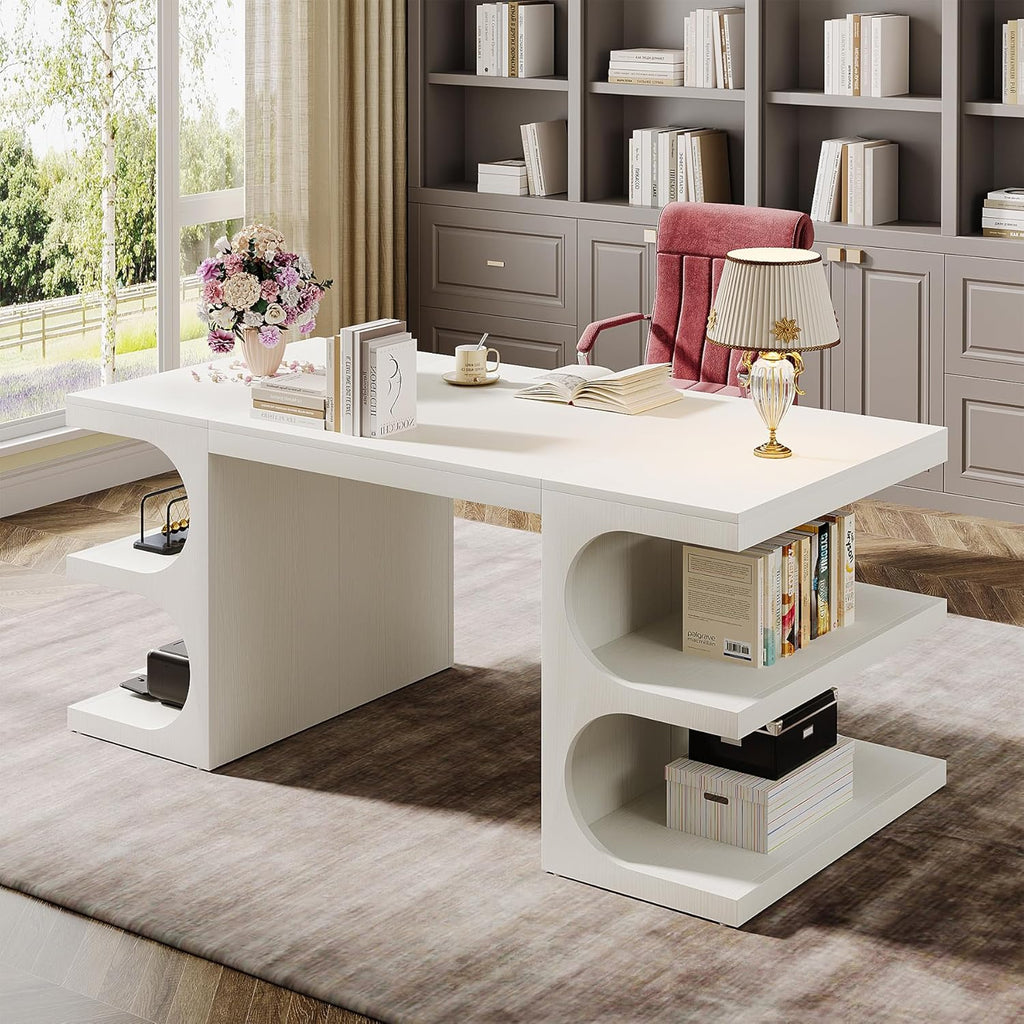 Tribesigns Modern Executive Office Desk, 63-Inch Large Computer Home Office Desk with Storage Shelves, Wood Study Writing Table, Workstation Business Furniture, White