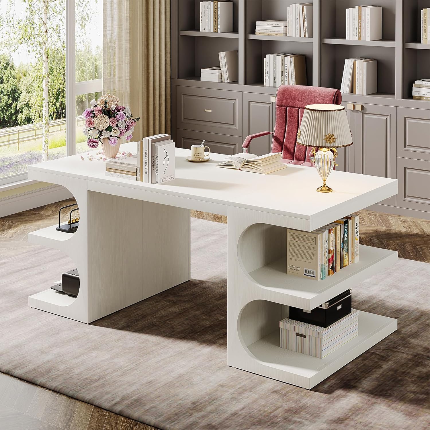 Tribesigns Modern Executive Office Desk, 63-Inch Large Computer Home Office Desk with Storage Shelves, Wood Study Writing Table, Workstation Business Furniture, White