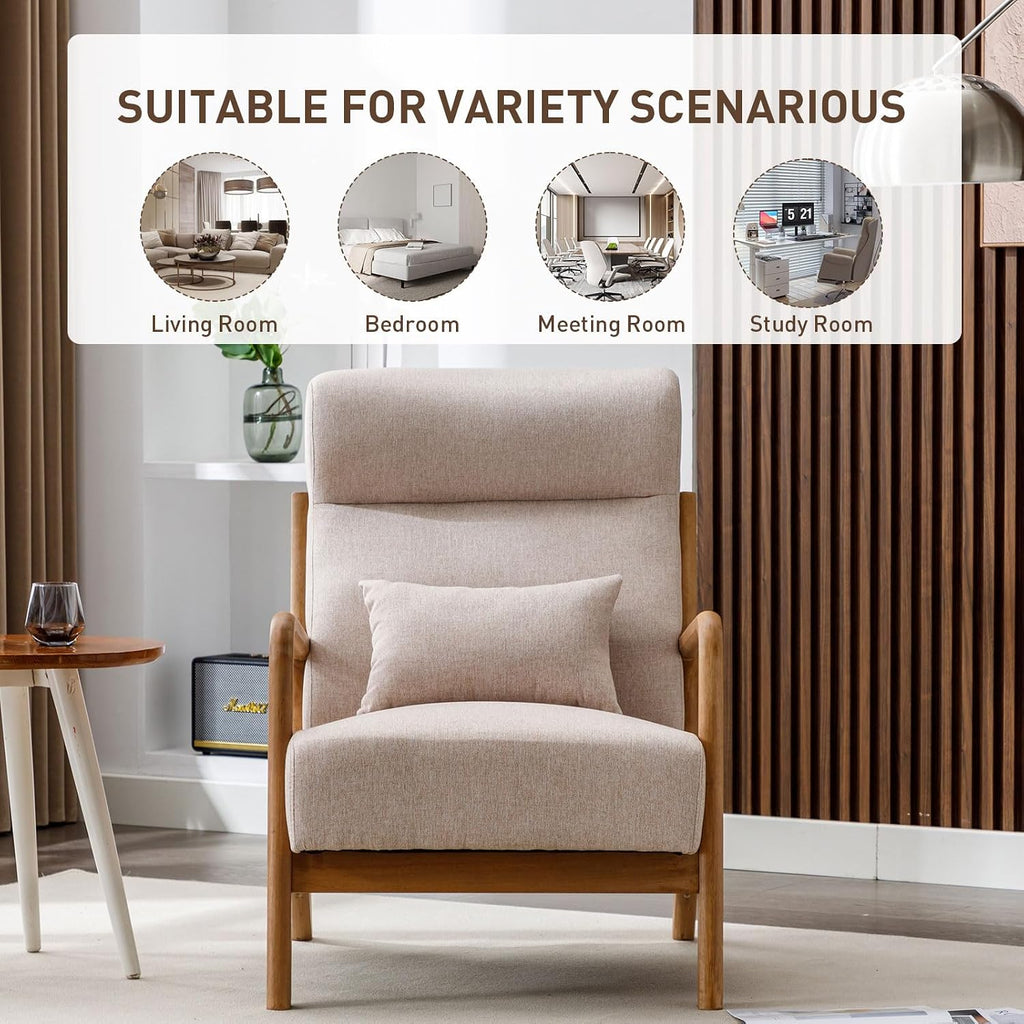 ANJ Mid Century Modern Accent Chair with High Back, Single Lounge Armchair with Solid Wood Frame, Comfy Reading Chair for Living Room, Easy Assembly