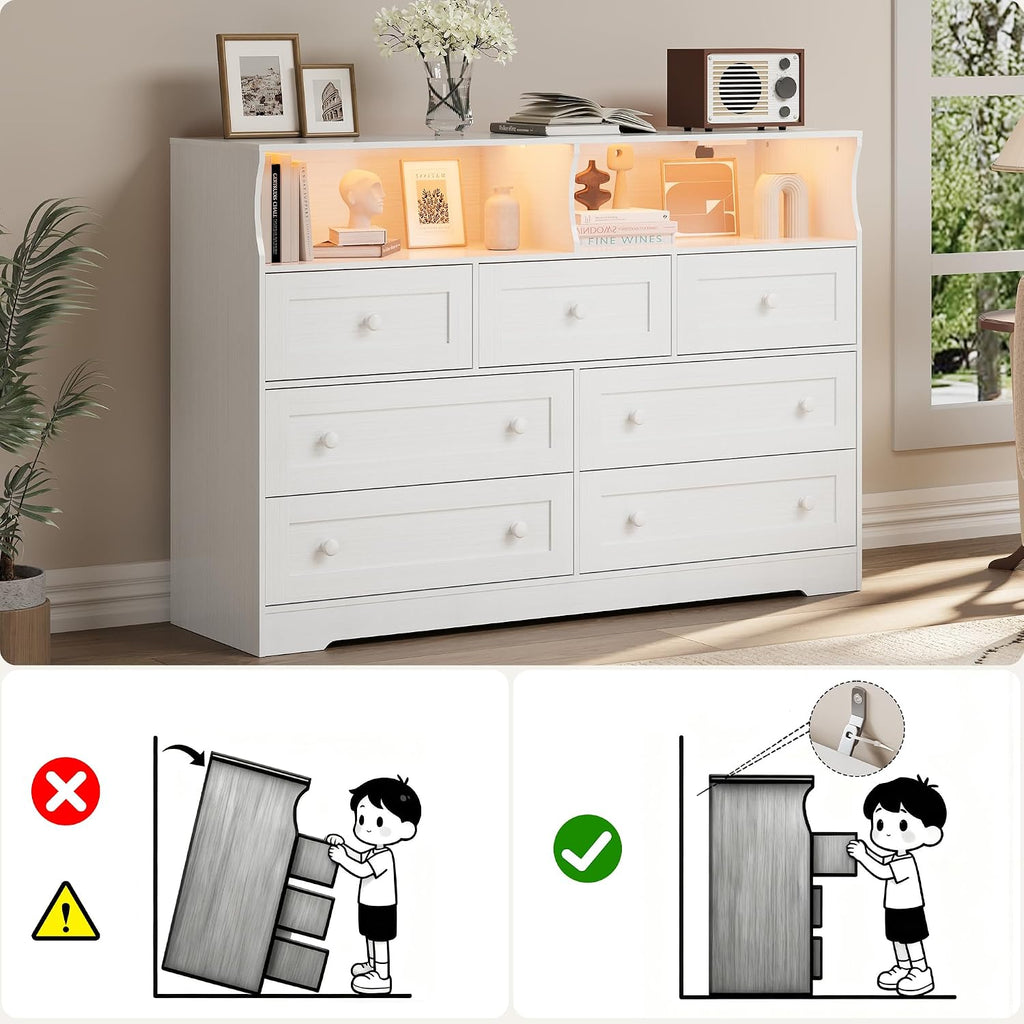 IDEALHOUSE Dresser for Bedroom with 7 Drawers, LED Lights & Charging Station, Wooden Chest with 2 Open Compartments, Freestanding Storage Organizer for Closet, Nursery, Entryway, White