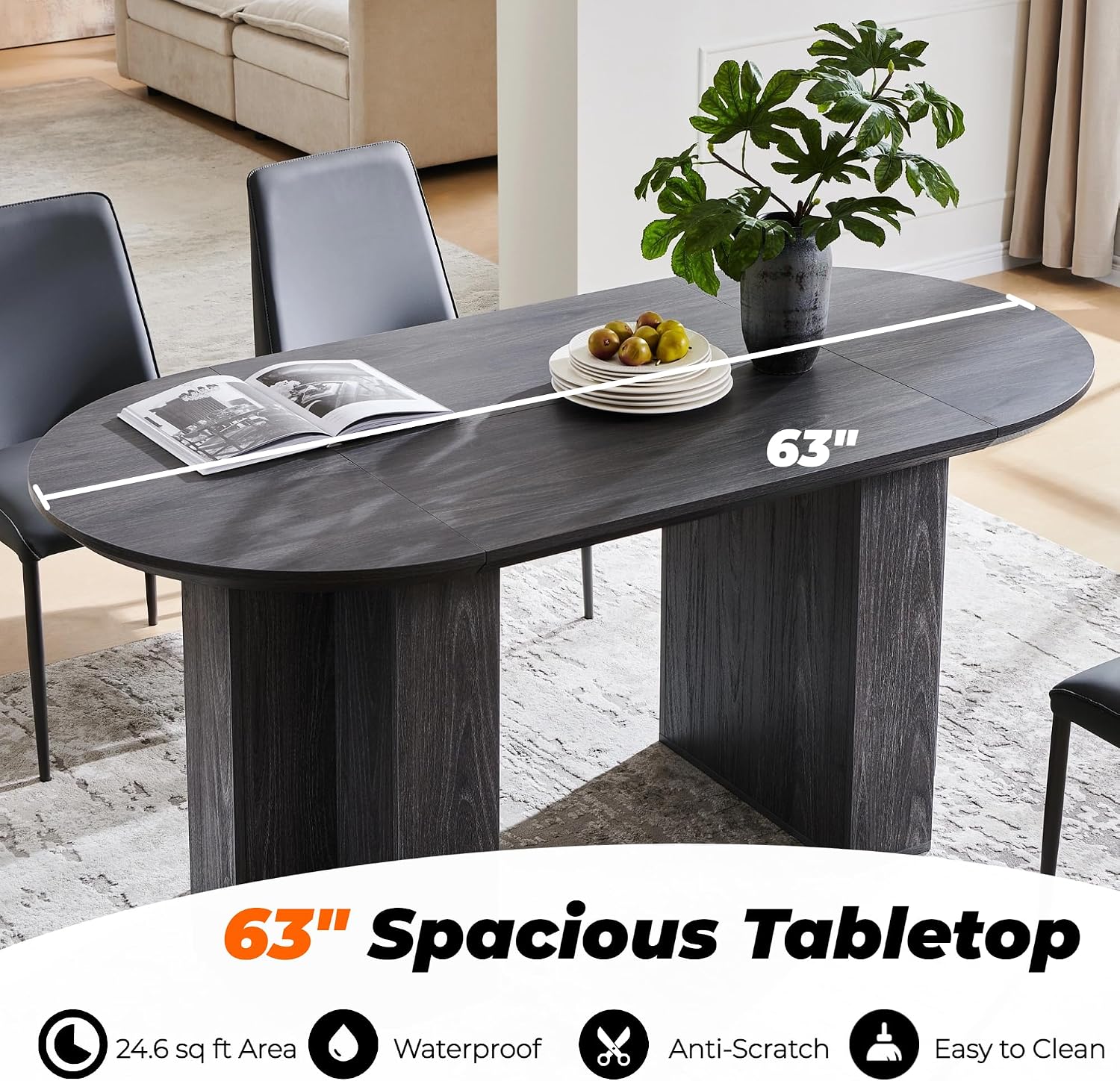 OKD 63 Inch Modern Wood Oval Dining Table for 4-6, Dining Room Table with Stable T-Shaped Base & Metal Frame & Thick Tabletop, Sturdy Kitchen Table for Dinner Room, Kitchen, Gathering, Dark Alder