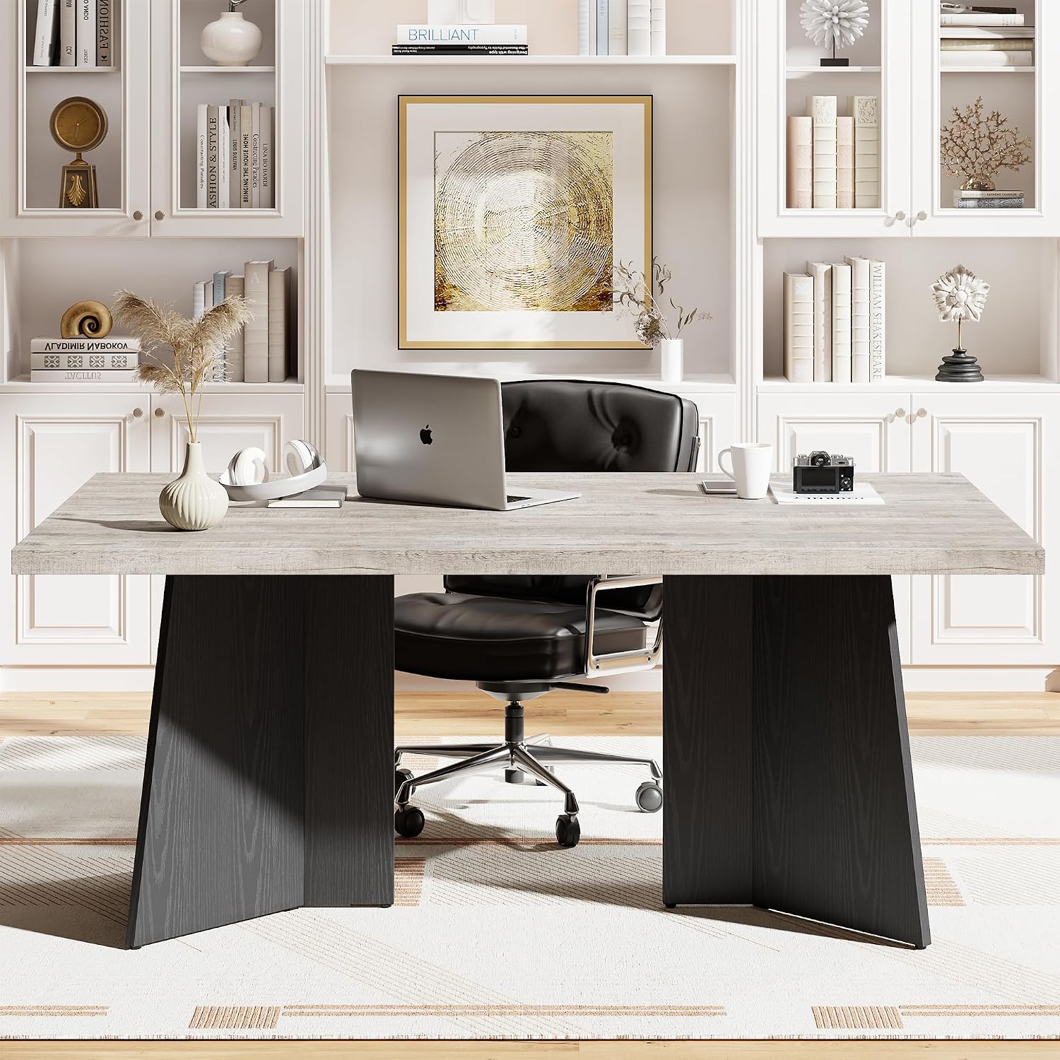 GarveeHome Dining Table for 6-8 People - 63' Modern Long Kitchen Table with Large Tabletop & Pedestal Legs, Dinner Table for Kitchen, Conference Room, Home, Grey & Black