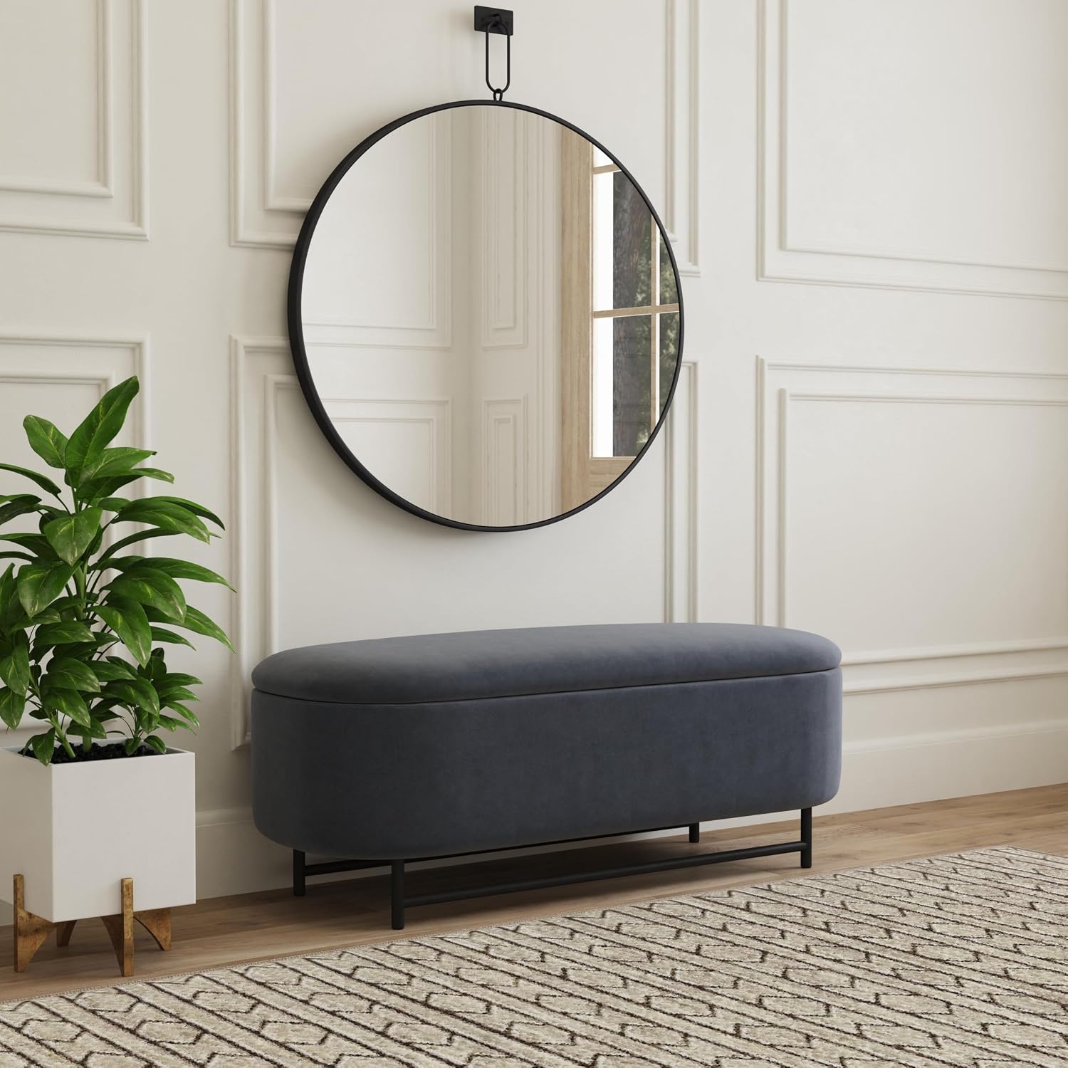 HomePop 46' Ellipse Storage Bench with Metal Legs - Steel Blue Velvet
