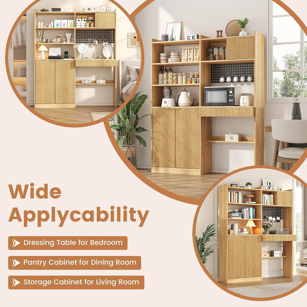 kepptory 63' Tall Computer Desk with Hutch, Fluted Wood Home Office Desk with Charging Station, Drawer & Storage Cabinet, Oak Workstation for Work & Study