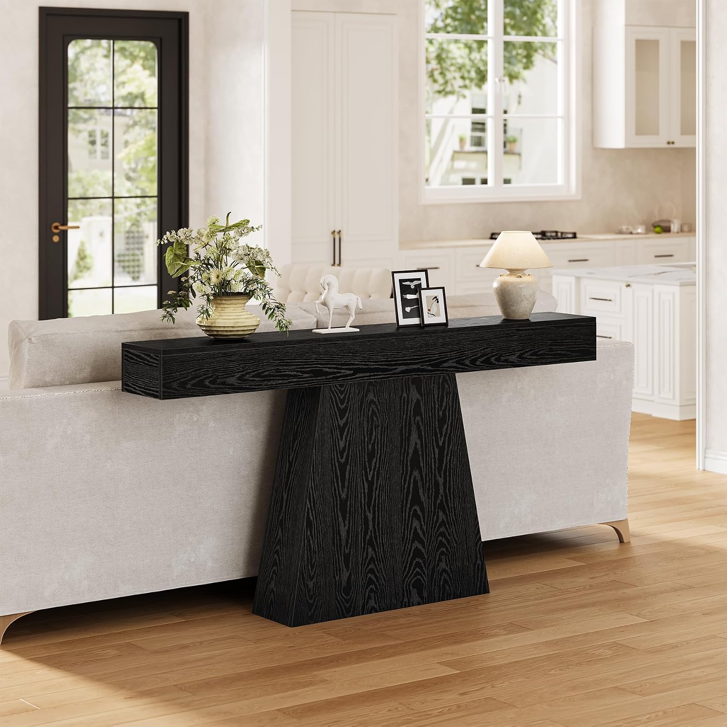 LITTLE TREE 63' Entryway Table, Modern Black Wooden Console Table with Trapezoidal Base for Living Room, Entrance, Hallway, Foyer, Behind the Couch