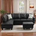 L-Shaped Sectional Sofa with Movable Chaise & Storage Ottoman, Leather 3-Piece Modular Convertible Couches for Living Room, Apartment & Office, Dark Black