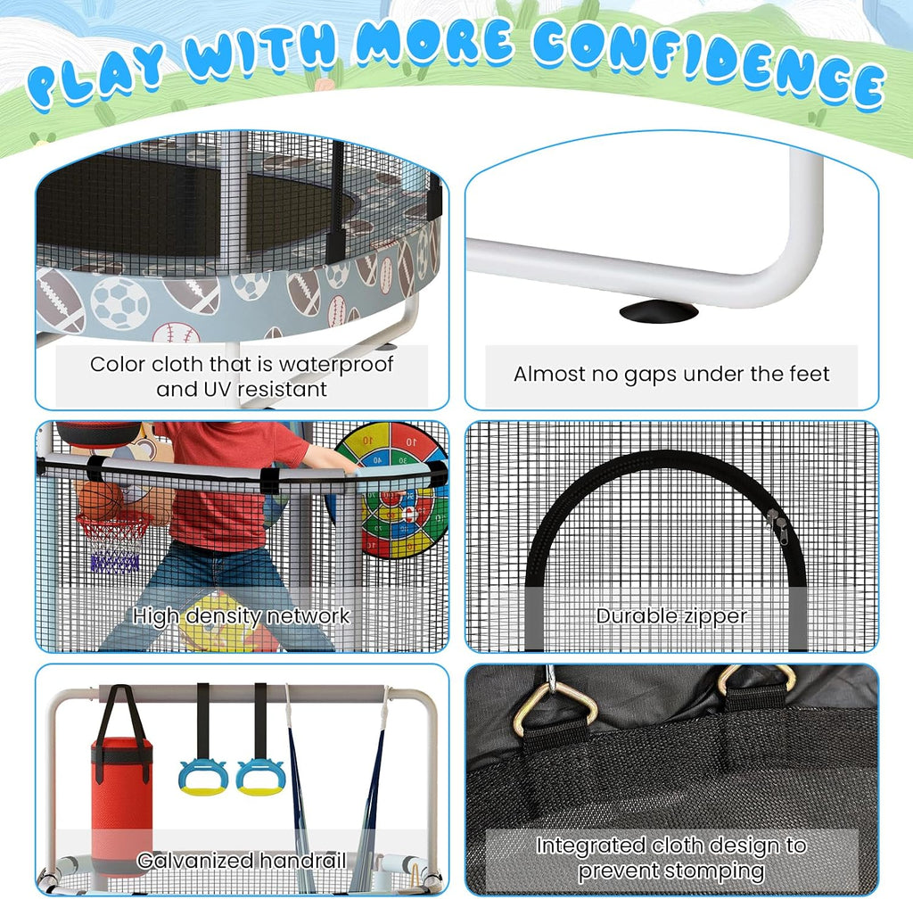 LAMERGE 55' 7-in-1 Round Trampoline for Kids Boys & Girls Ages 1-8, Indoor & Outdoor Trampoline for Fun, Adjustable Height Handrail ＆ Enclosed Safety Net ＆ Durable Designs for Toddlers Children