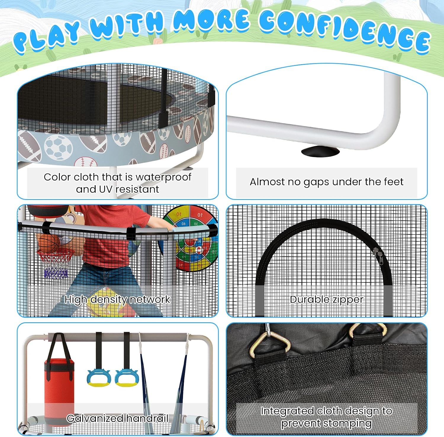 LAMERGE 55' 7-in-1 Round Trampoline for Kids Boys & Girls Ages 1-8, Indoor & Outdoor Trampoline for Fun, Adjustable Height Handrail ＆ Enclosed Safety Net ＆ Durable Designs for Toddlers Children