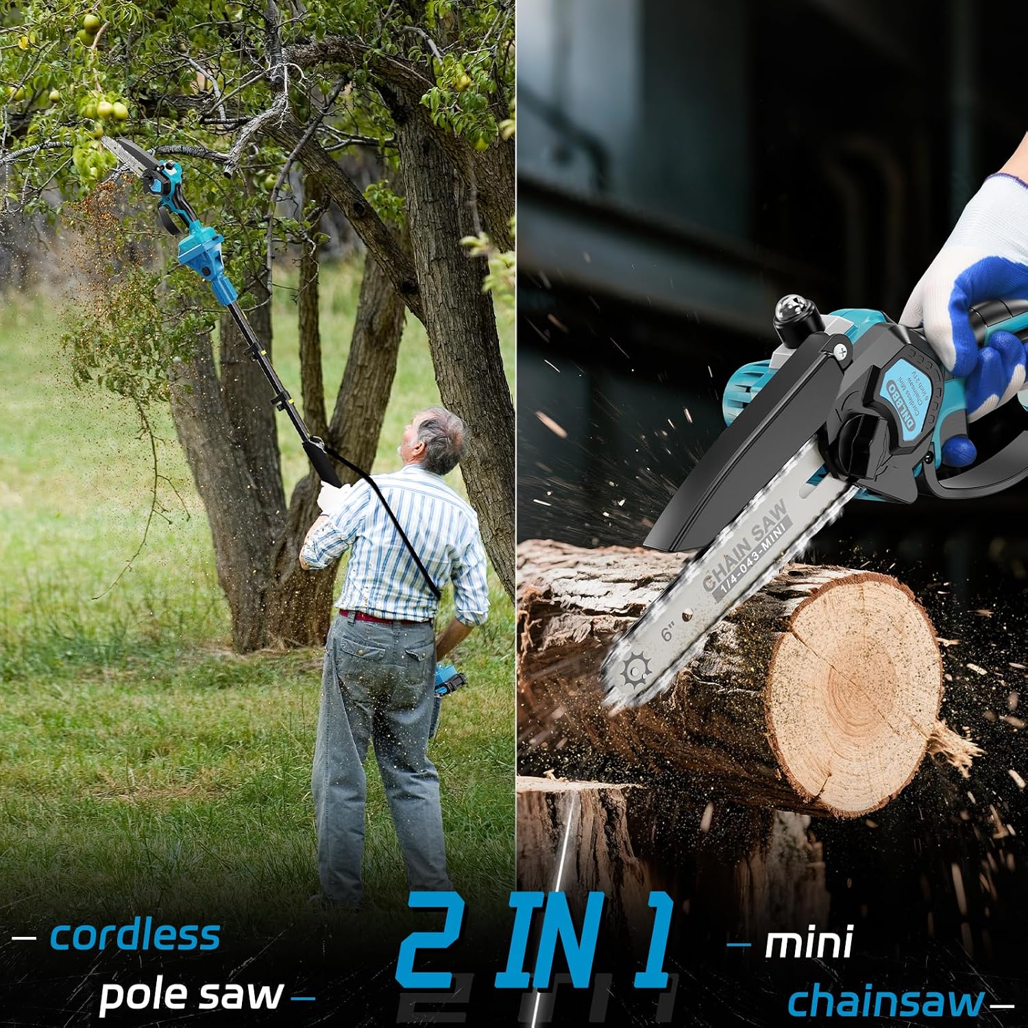 Pole Saws for Tree Trimming, 2-in-1 Pole Saw＆6 Inch Mini Chainsaw,with Extension,Fathers Day Dad Gifts for Men,Electric Pole Saw Used for Wood Cutting and High-Branch Pruning,2x2.0Ah Batteries