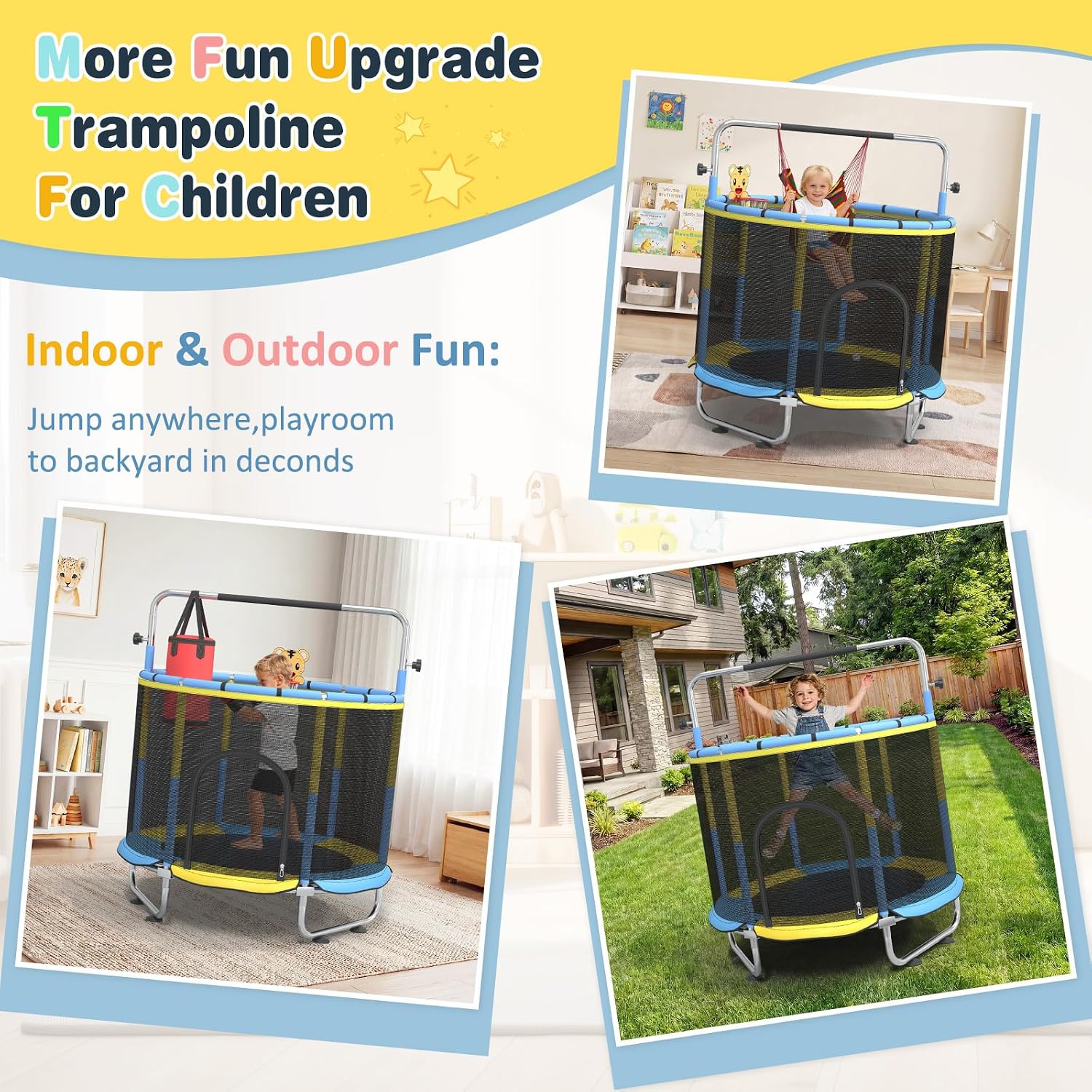 60' Trampoline for Kids, 500lbs Capacity Indoor Outdoor Toddler Trampoline with Adjustable Gymnastics Bar, Gifts for Boy Girl Age 1-8