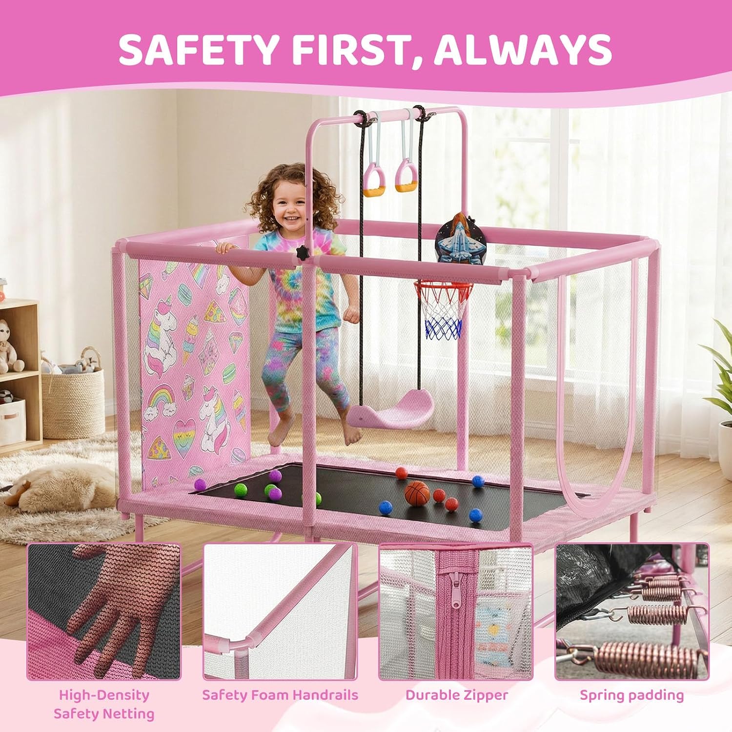 Mini Toddler Indoor Trampoline for Kids, Outdoor Toys Baby Kids Trampoline with Swing, Gymnastics Bar, Birthday Gifts for Boy Girl Age 1-8