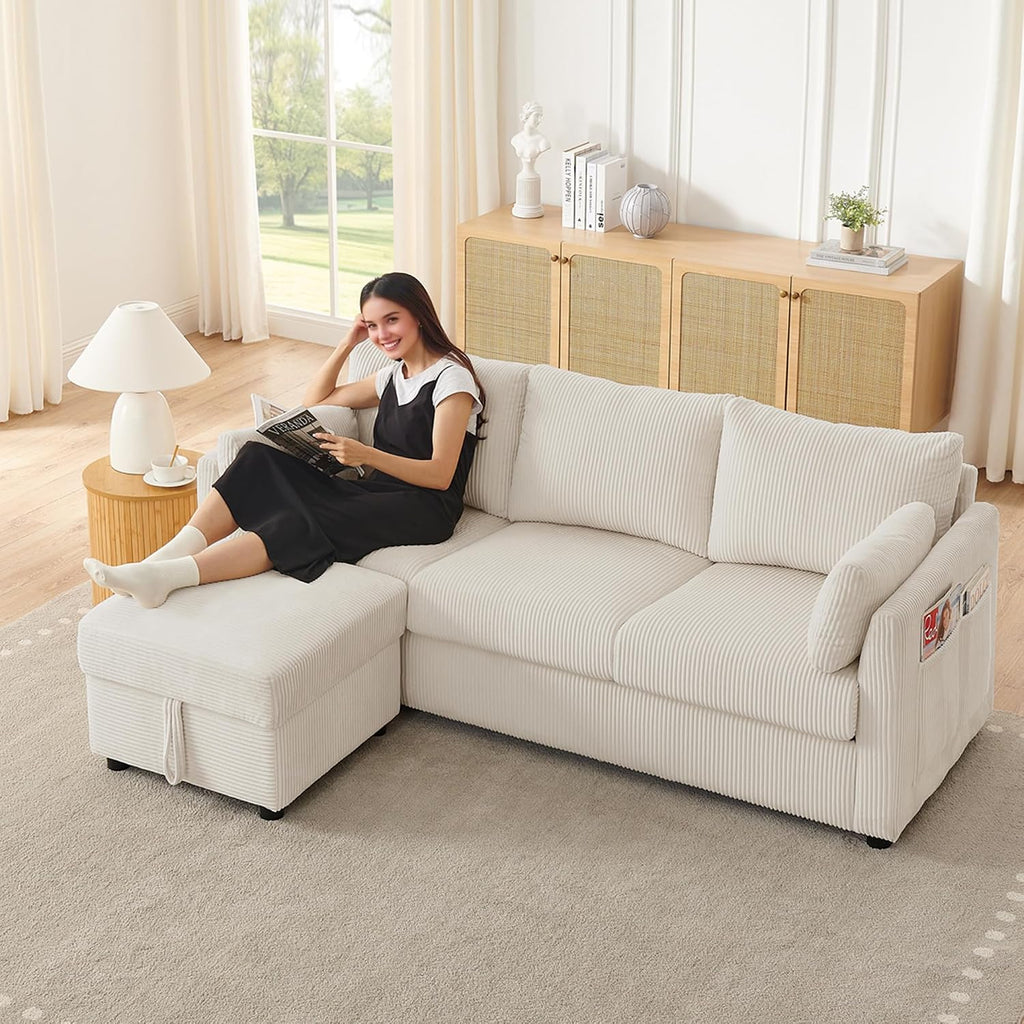 Mofolit 79' Small Couches with Storage Ottoman 3 Seat L Shaped Couch Sectional Sofa with Chaise Lounge for Apartment,Dorm,Bonus Room,Compact Spaces. (Beige, 3+OTT)