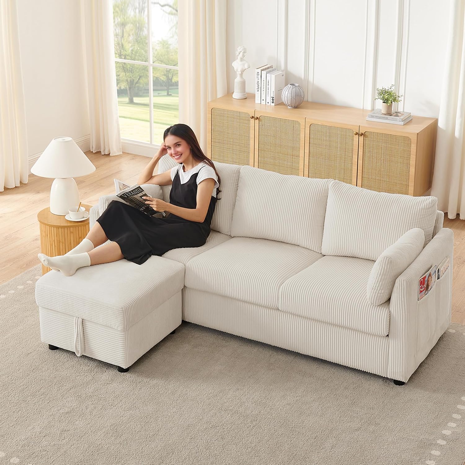 Mofolit 79' Small Couches with Storage Ottoman 3 Seat L Shaped Couch Sectional Sofa with Chaise Lounge for Apartment,Dorm,Bonus Room,Compact Spaces. (Beige, 3+OTT)