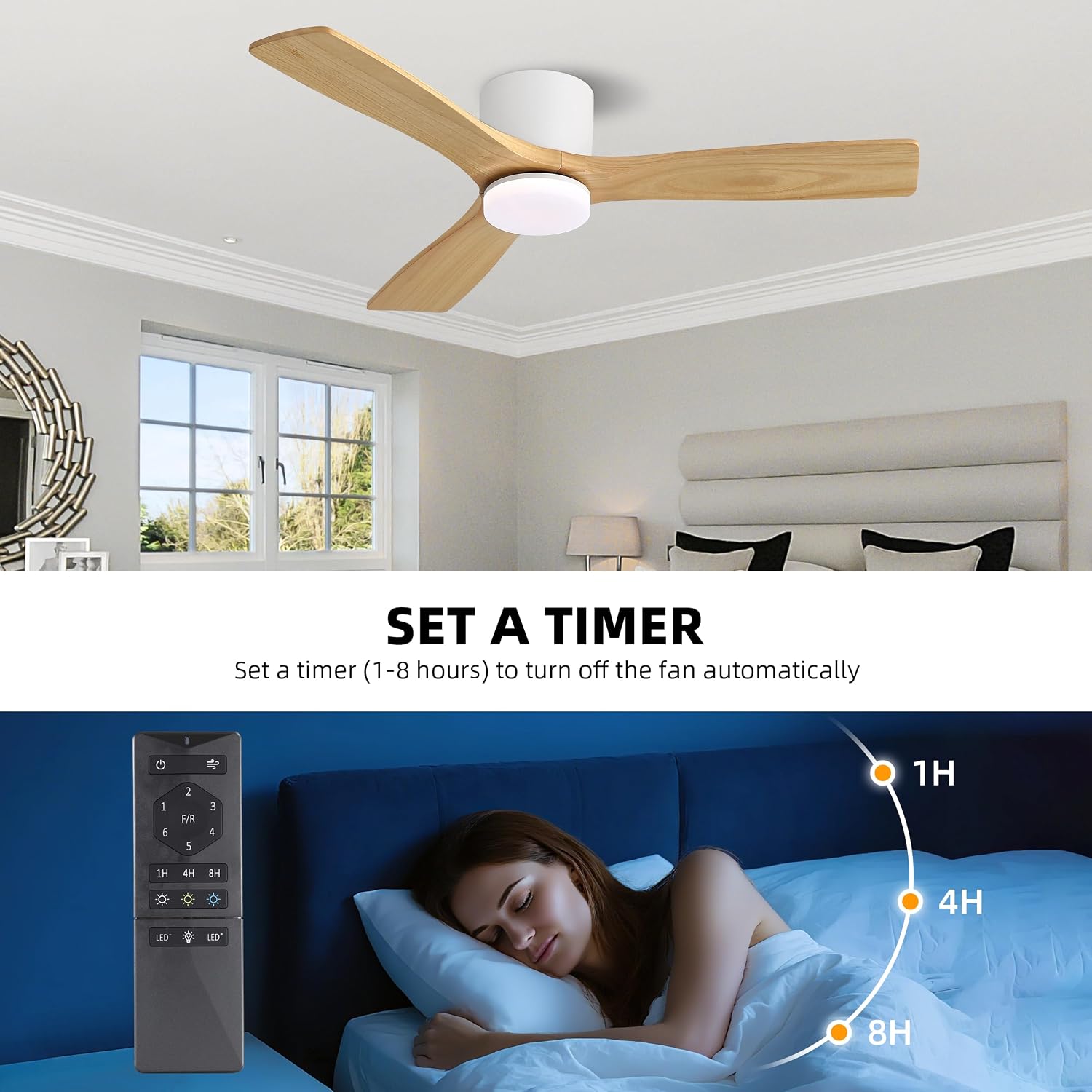 WINGBO 48 Inch Flush Mount DC Ceiling Fan, 3CCT Dimmable Light, 3 Carved Wood Blades, 6-Speed Noiseless Reversible DC Motor, Hugger Low Profile Fan, Gloss White Finish with Oak Blades, ETL Listed