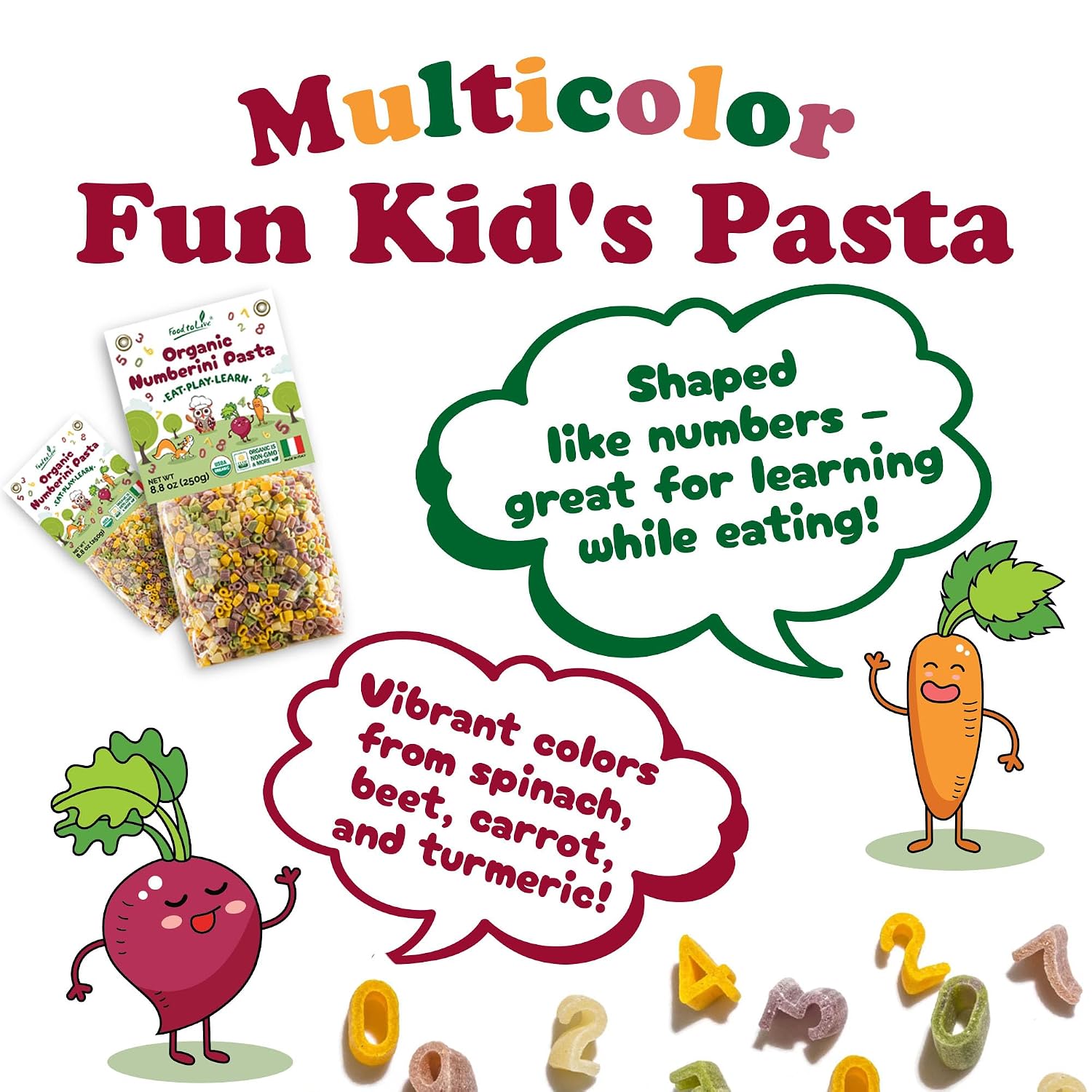 Food to Live Organic Numberini Pasta - Eat. Play. Learn, 8.8 oz (Pack of 24) – Multicolor Italian Fun Kid's Pasta, Made with Roots and Vegetables, Non-GMO, Bulk