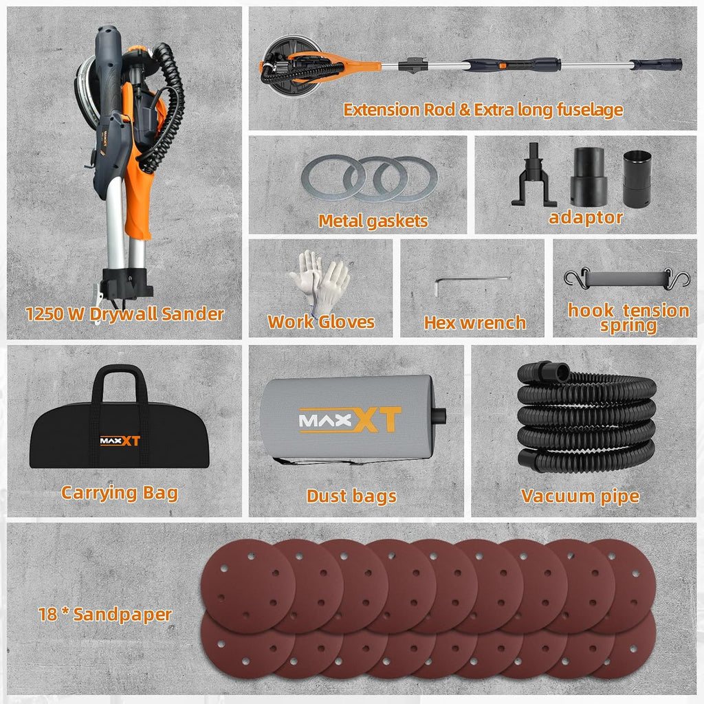 MAXXT Drywall Sander with Vacuum Dust Collection, 6 Variable Speed Foldable Telescopic Electric Wall Sander, Popcorn Ceiling Removal Tool, 1900RPM Power Sander Tool, LED Light, 18Pcs Sanding Discs
