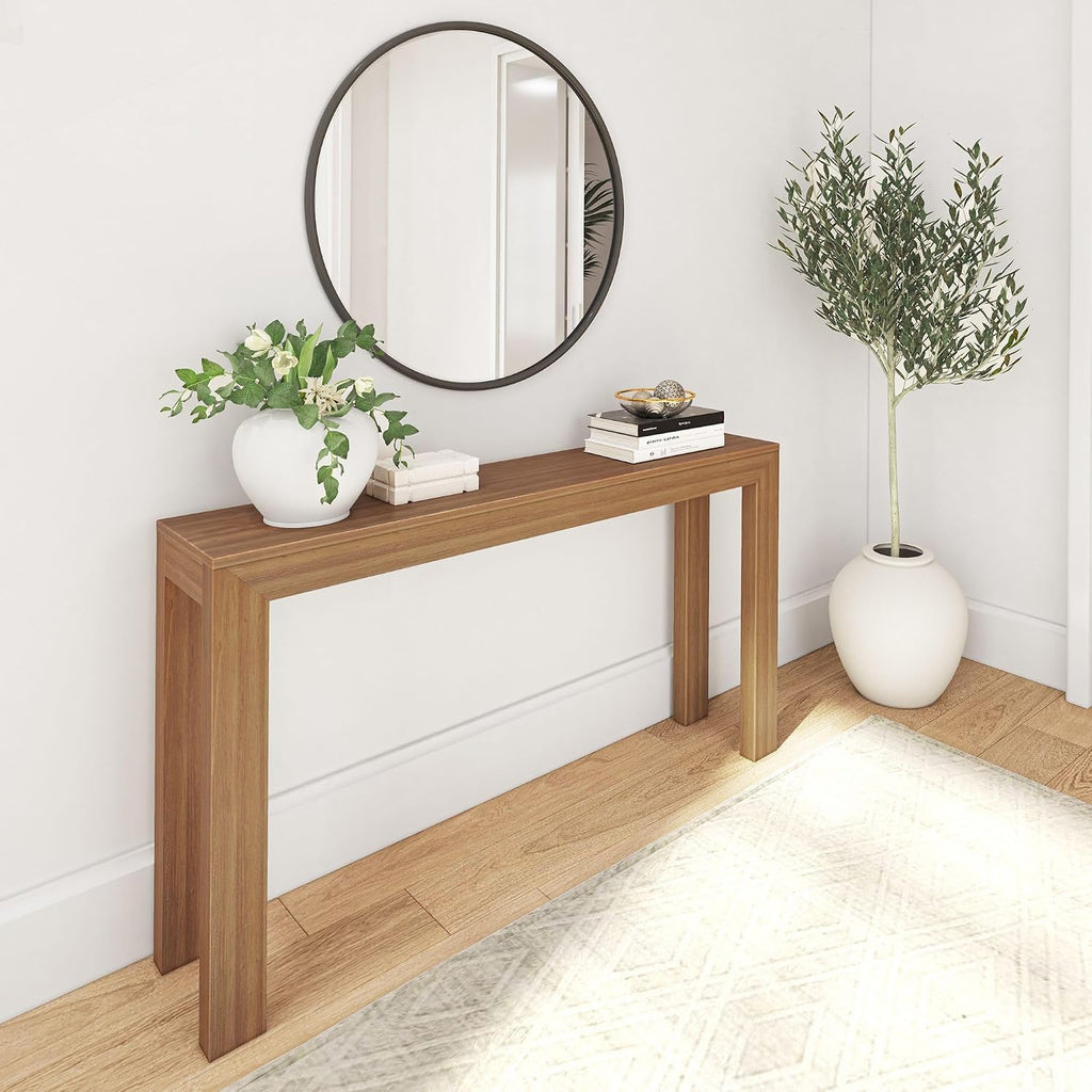 Plank+Beam Modern Solid Wood Console Table, 56 Inch, Sofa Table, Narrow Entryway Table for Hallway, Behind the Couch, Living Room, Foyer, Easy Assembly, Pecan