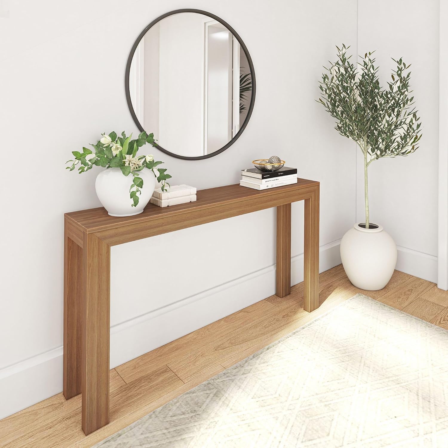 Plank+Beam Modern Solid Wood Console Table, 56 Inch, Sofa Table, Narrow Entryway Table for Hallway, Behind the Couch, Living Room, Foyer, Easy Assembly, Pecan