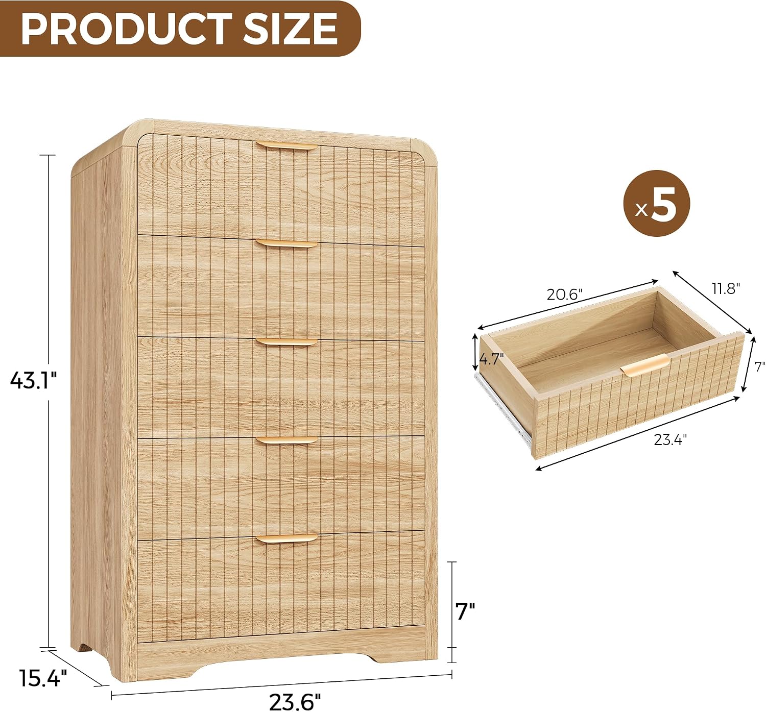 Jocoevol Fluted 5 Drawer Dresser, 43' Tall Dresser Chest of Drawers Curved Profile Design, Wood Mid Century Vertical Dresser Natural Texture for Bedroom, Natural Oak Dresser