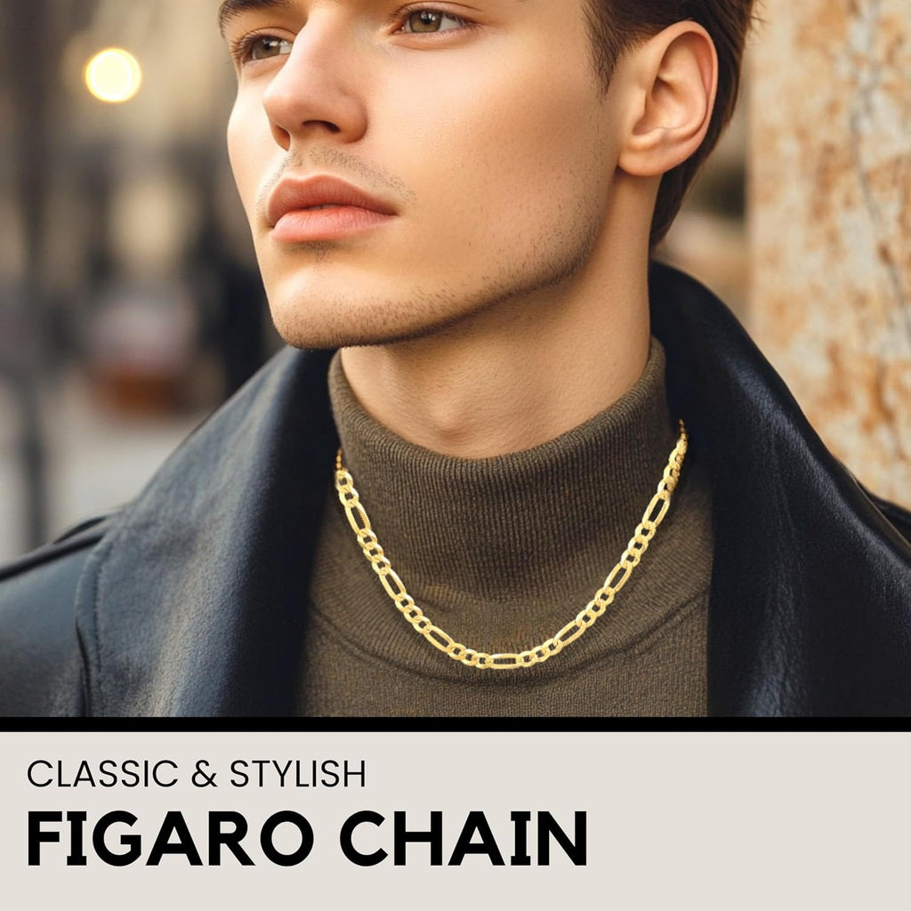 KISPER Men's 18K Gold Plated Sterling Silver Figaro Chain Necklace – 5mm Solid Italian Link with Lobster Clasp, Made in Italy