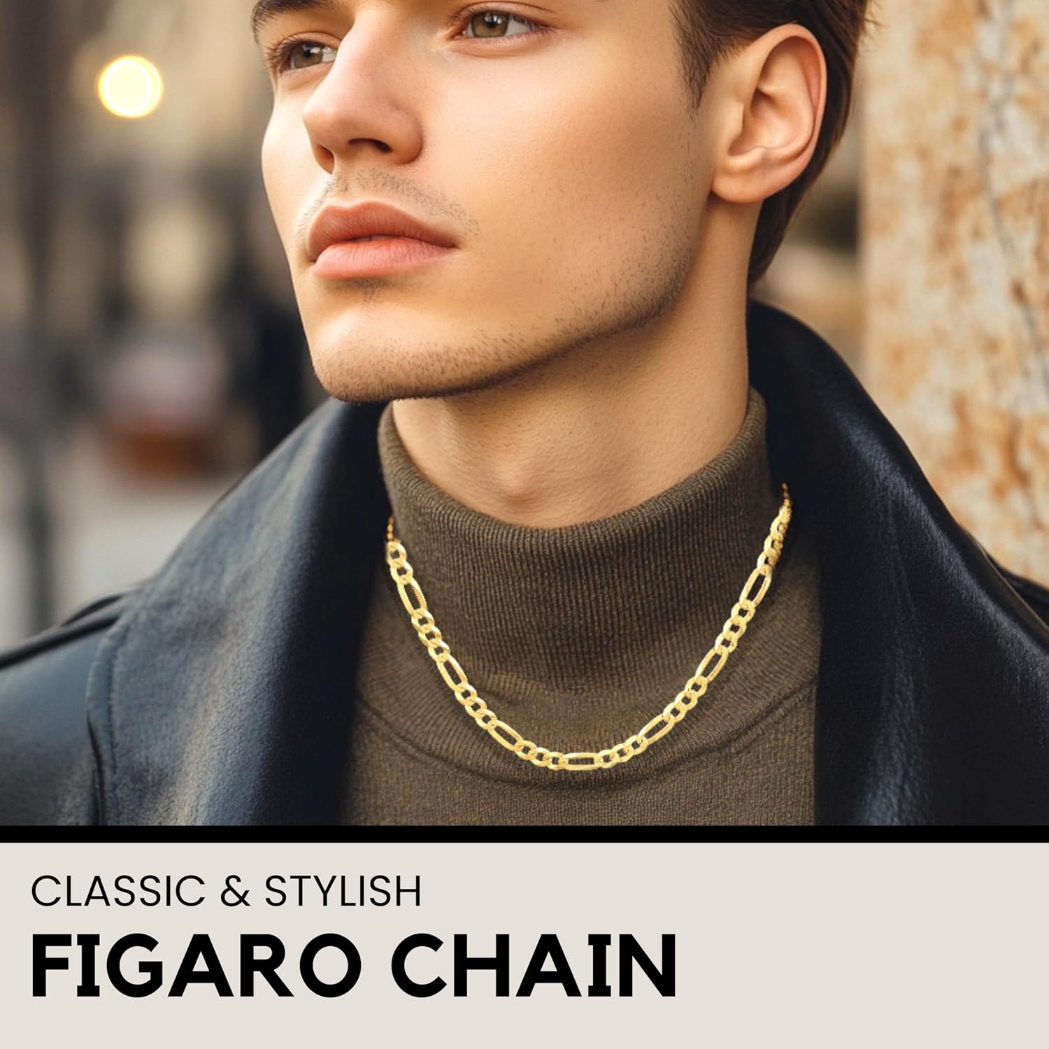 KISPER Men's 18K Gold Plated Sterling Silver Figaro Chain Necklace – 5mm Solid Italian Link with Lobster Clasp, Made in Italy