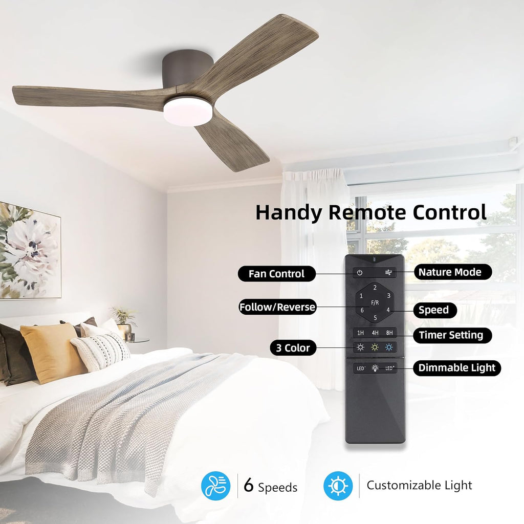 WINGBO 48 Inch Flush Mount DC Ceiling Fan, 3CCT Dimmable Light, 3 Carved Wood Blades, 6-Speed Noiseless Reversible DC Motor, Hugger Low Profile Fan, Graphite Finish with Gray Blades, ETL Listed