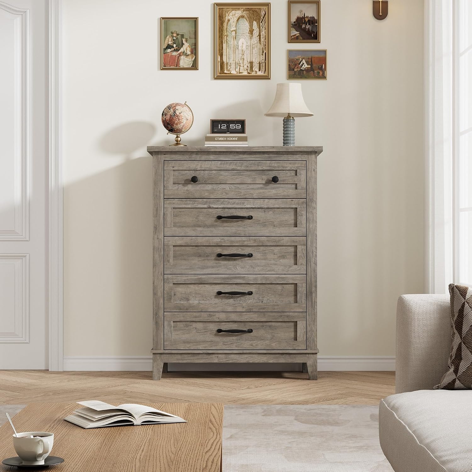GarveeHome 5 Dresser for Bedroom, 41.3 in Tall Vertical Drawer Dresser with Large Storage, Freestanding Wooden Closet Chest for Bedroom, Living Room, Ash Grey