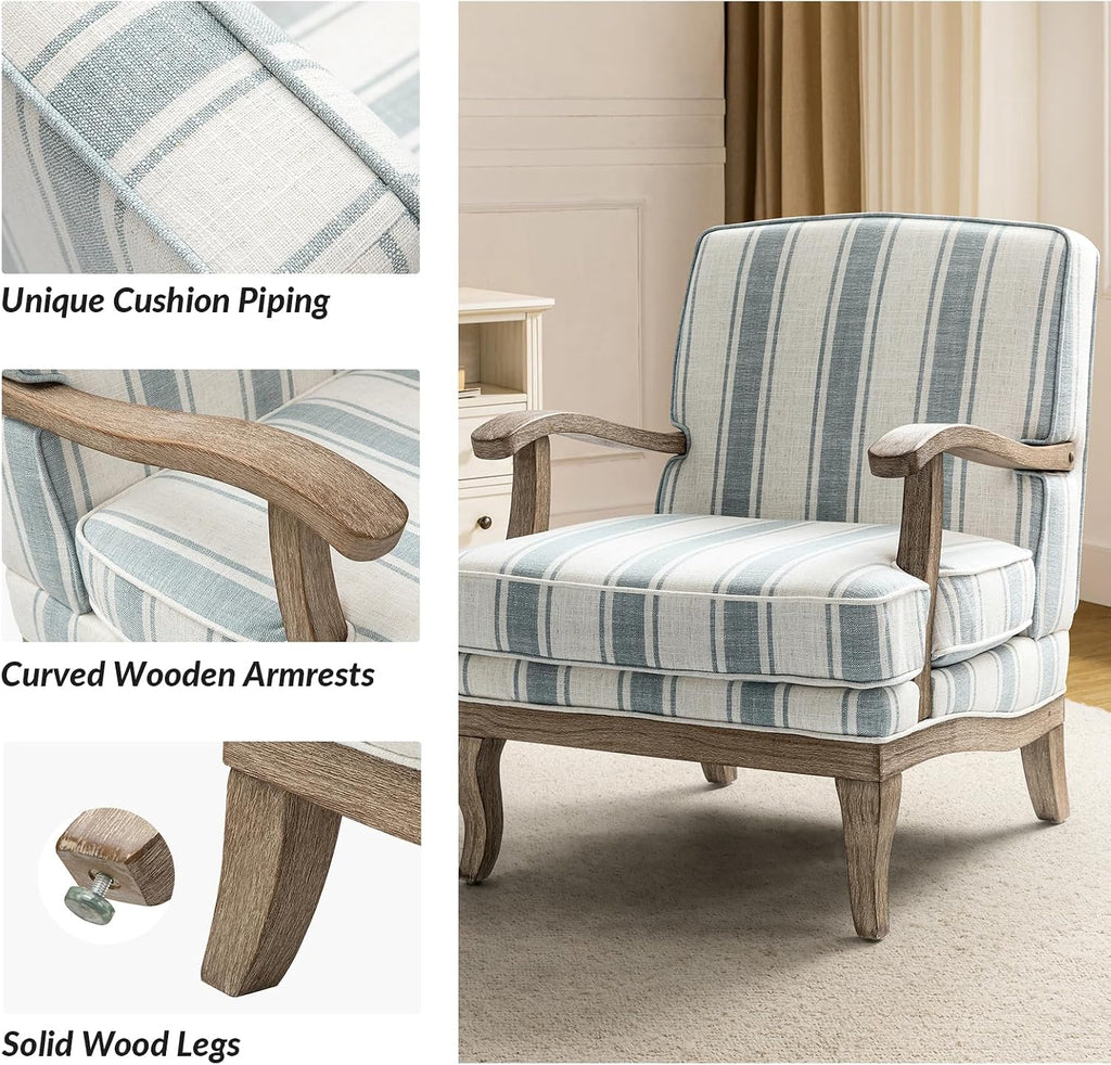 HULALA HOME Upholstered Accent Chair, Mid-Century Modern Striped Chair with Graceful Curves and Wooden Legs, Comfy Lounge Armchair Striped Accent Chairs for Living Room, Bedroom (Blue)