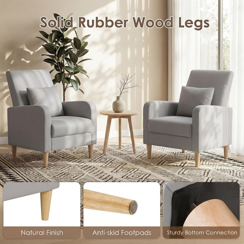 COLAMY Mid-Century Modern Upholstered Accent Chair with Back Pillow & Solid Wood Legs, Leather Cozy Armchair for Living Room, Bedroom, Reading Nook, Apartment & Small Spaces, Lightgrey