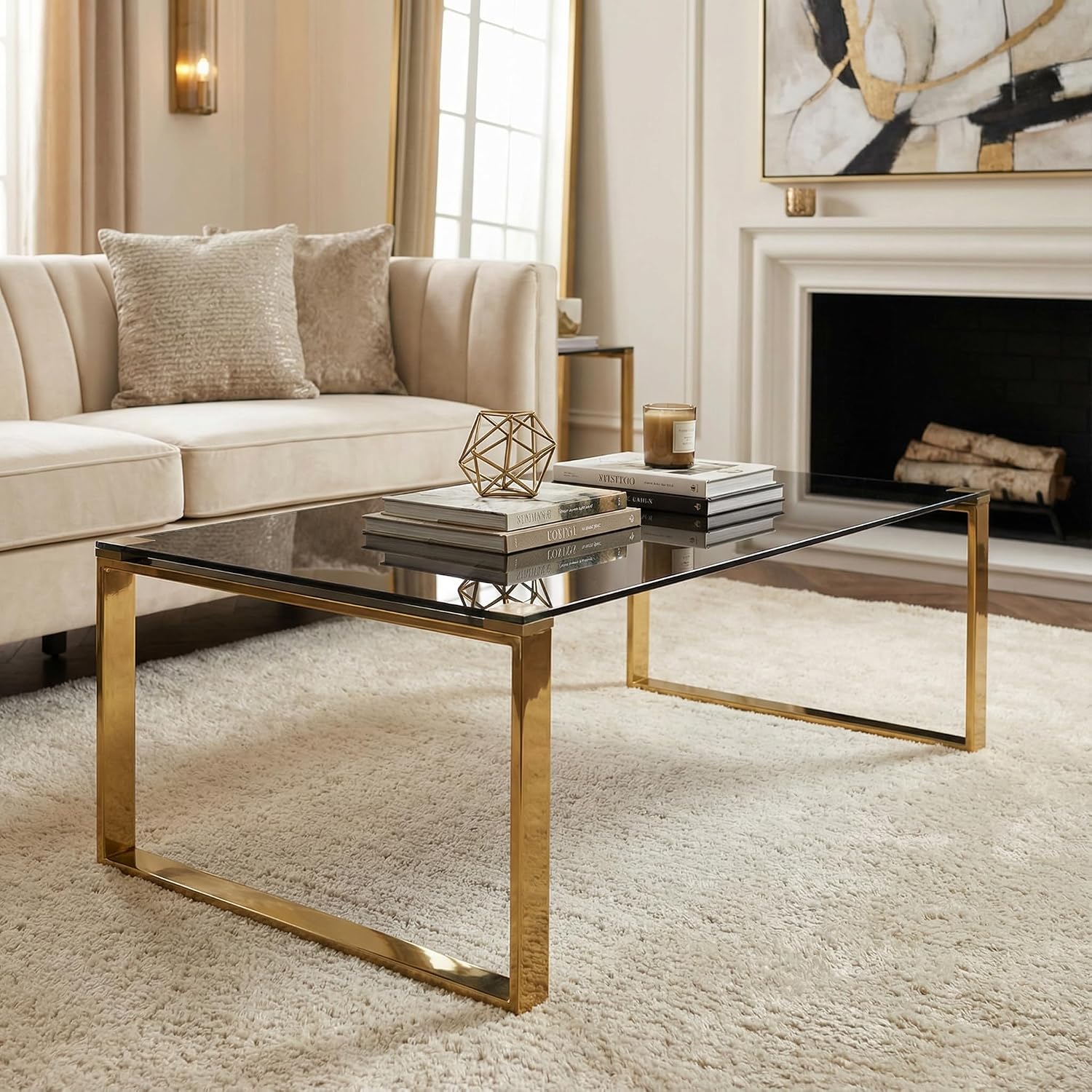 Cortesi Home Remini Coffee Table, Gold Metal and Black Glass