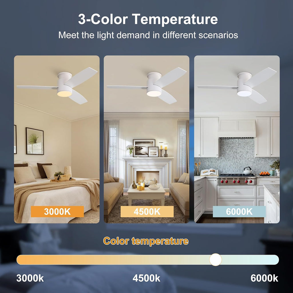 WINGBO 44 Inch Flush Mount DC Ceiling Fan with Lights and Remote, 3 Reversible Blades in White/Oak Finish, 6-Speed DC Motor, 3CCT, Low Profile White Ceiling Fan for Bedroom, Indoor/Outdoor Use