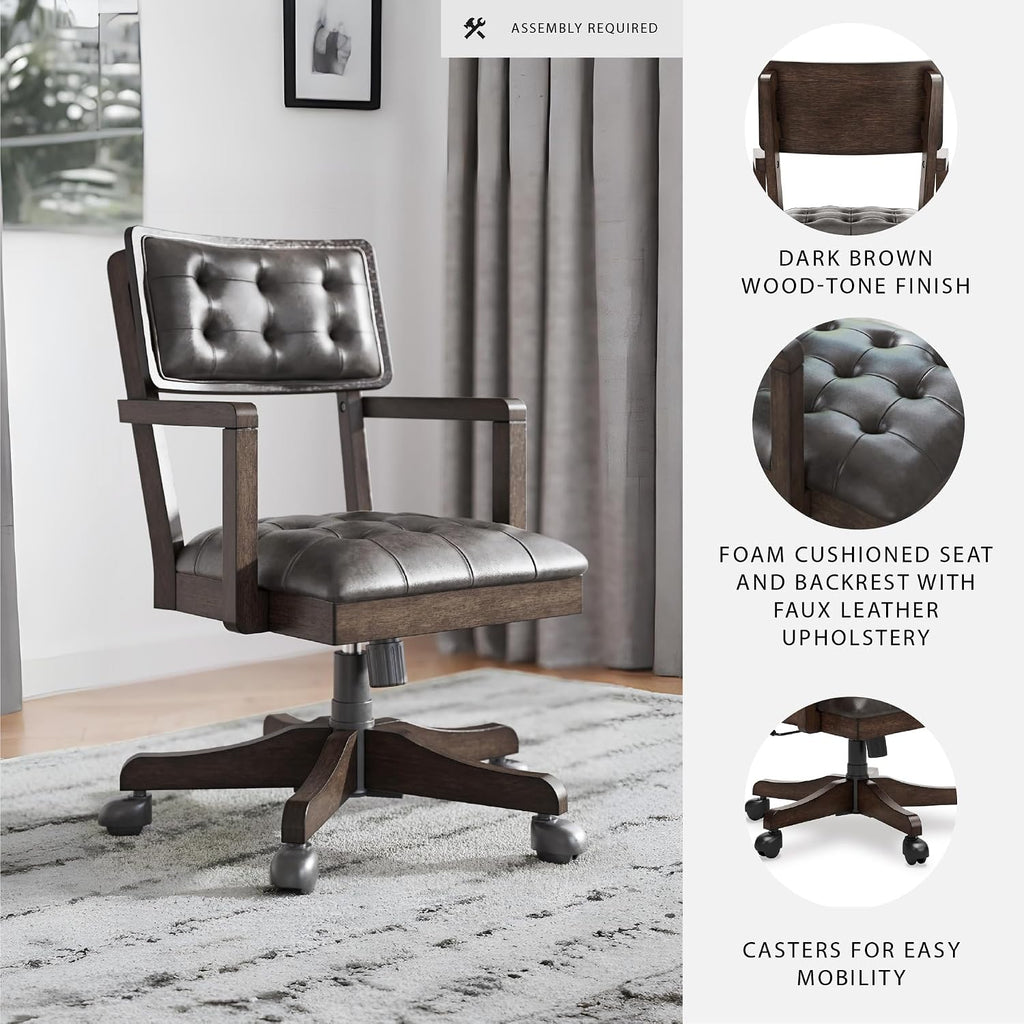 Signature Design by Ashley Breckington Contemporary Faux Leather Tufted Home Office Desk Chair with Adjustable Height and Casters, Solid Wood, 28.75' W x 28.75' D x 38' H, Dark Brown