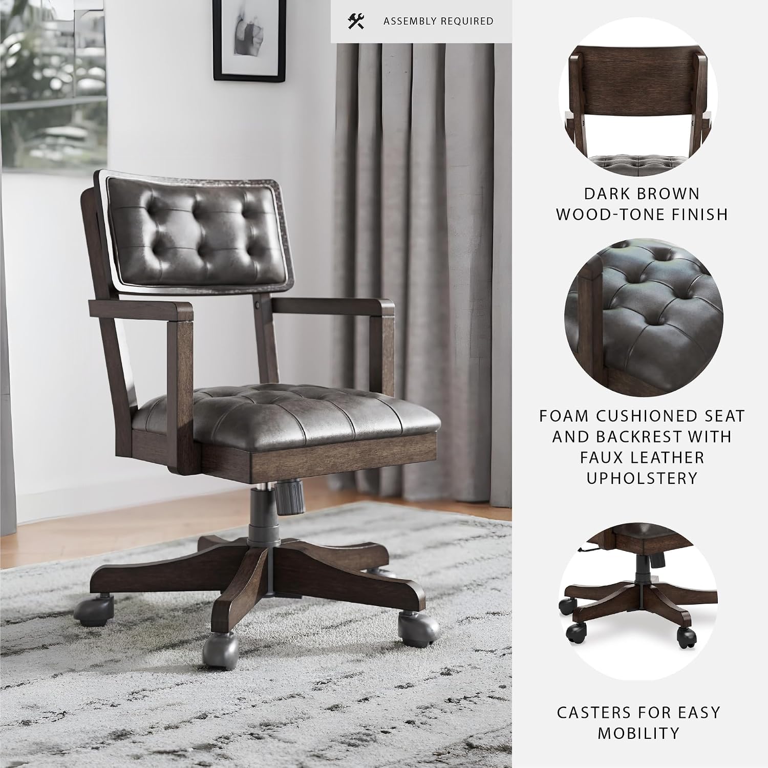 Signature Design by Ashley Breckington Contemporary Faux Leather Tufted Home Office Desk Chair with Adjustable Height and Casters, Solid Wood, 28.75' W x 28.75' D x 38' H, Dark Brown