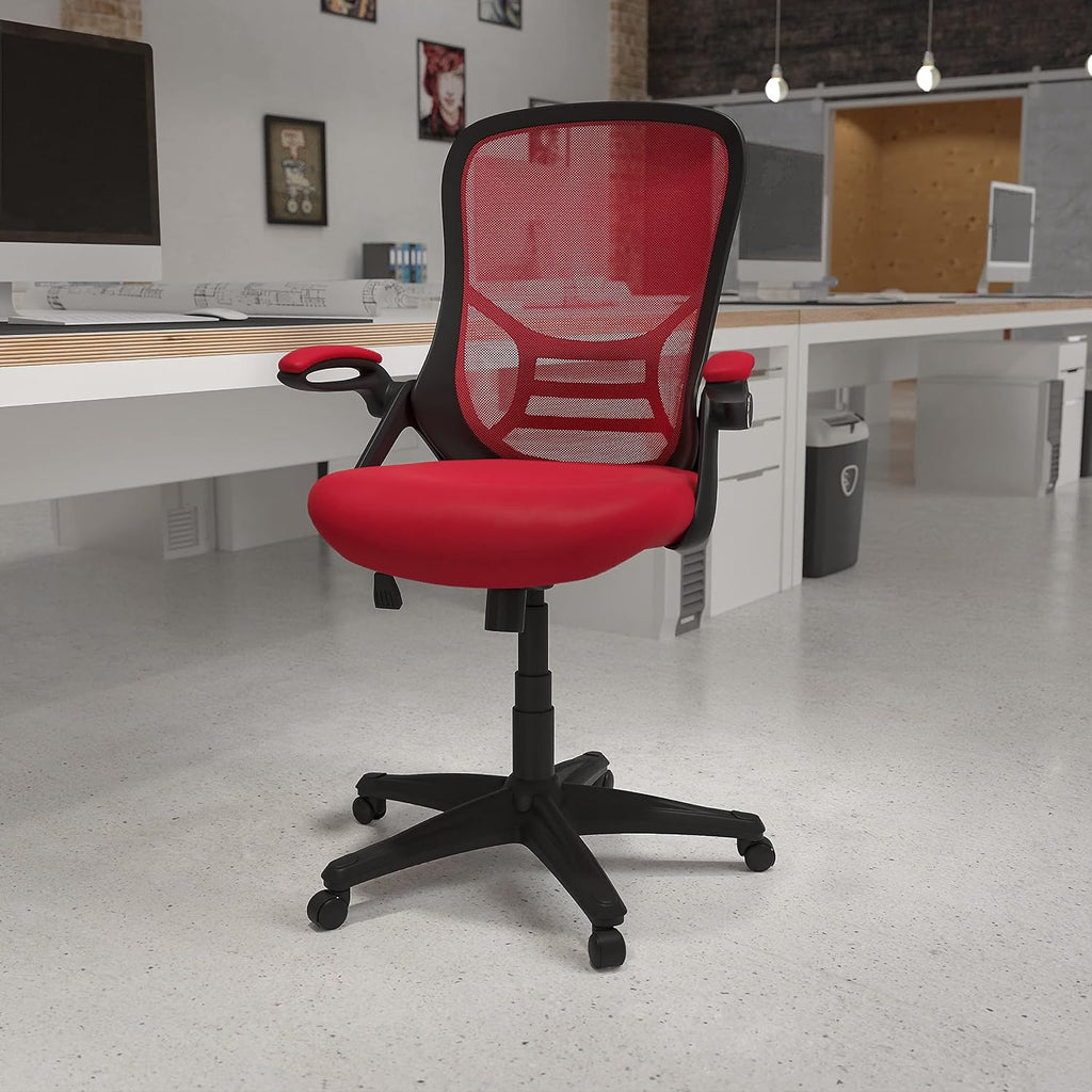 Flash Furniture Porter High Back Mesh Ergonomic Swivel Office Chair with Lumbar Support, Flip-Up Arms, Tilt Lock/Tilt Tension, Height Adjustable, Red/Black Frame