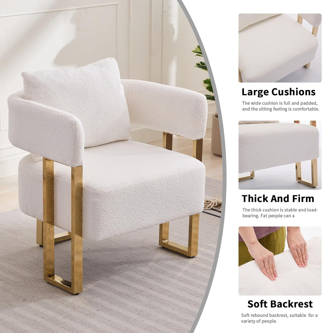 YISHENG Modern Barrel Accent Chairs Set of 2, Living Room Side Chairs with Golden Metal Legs Soft Upholstered Reading Armchairs no Wheels for Vanity/Reception Room//Bedroom/Lounge/Office, White Teddy
