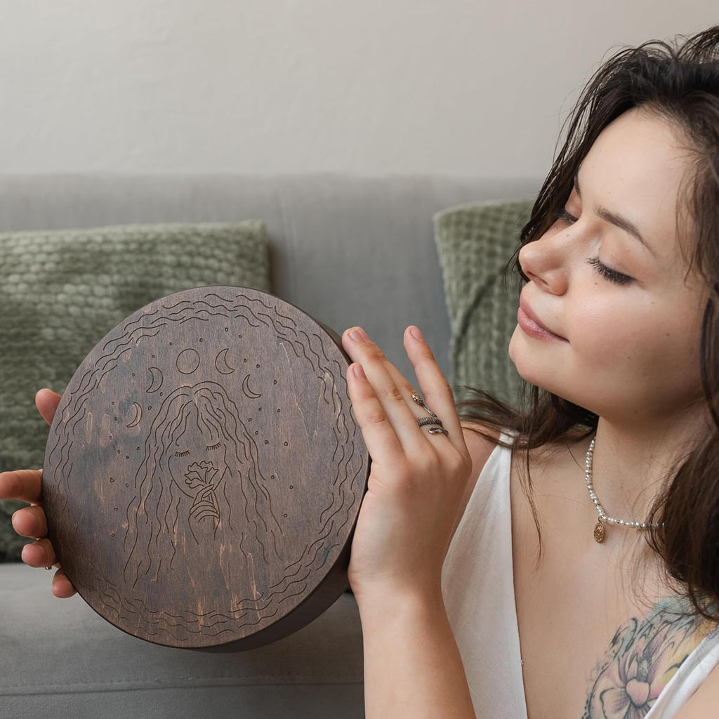 Rain-Fall Disc, 8.6 Inch (22 cm) Wooden Ocean Drum, Gentle Rain Sound for Sound Bath, Meditation & Sound Healing, Moon, Stars & Woman Design