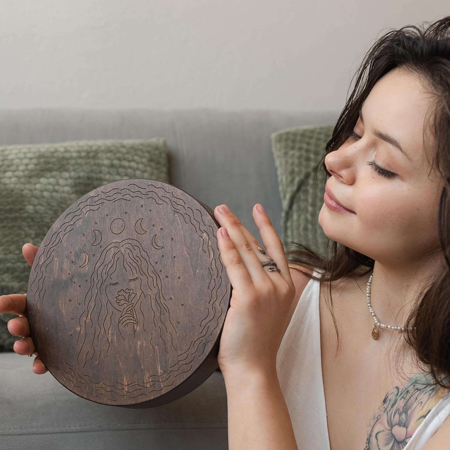 Rain-Fall Disc, 8.6 Inch (22 cm) Wooden Ocean Drum, Gentle Rain Sound for Sound Bath, Meditation & Sound Healing, Moon, Stars & Woman Design