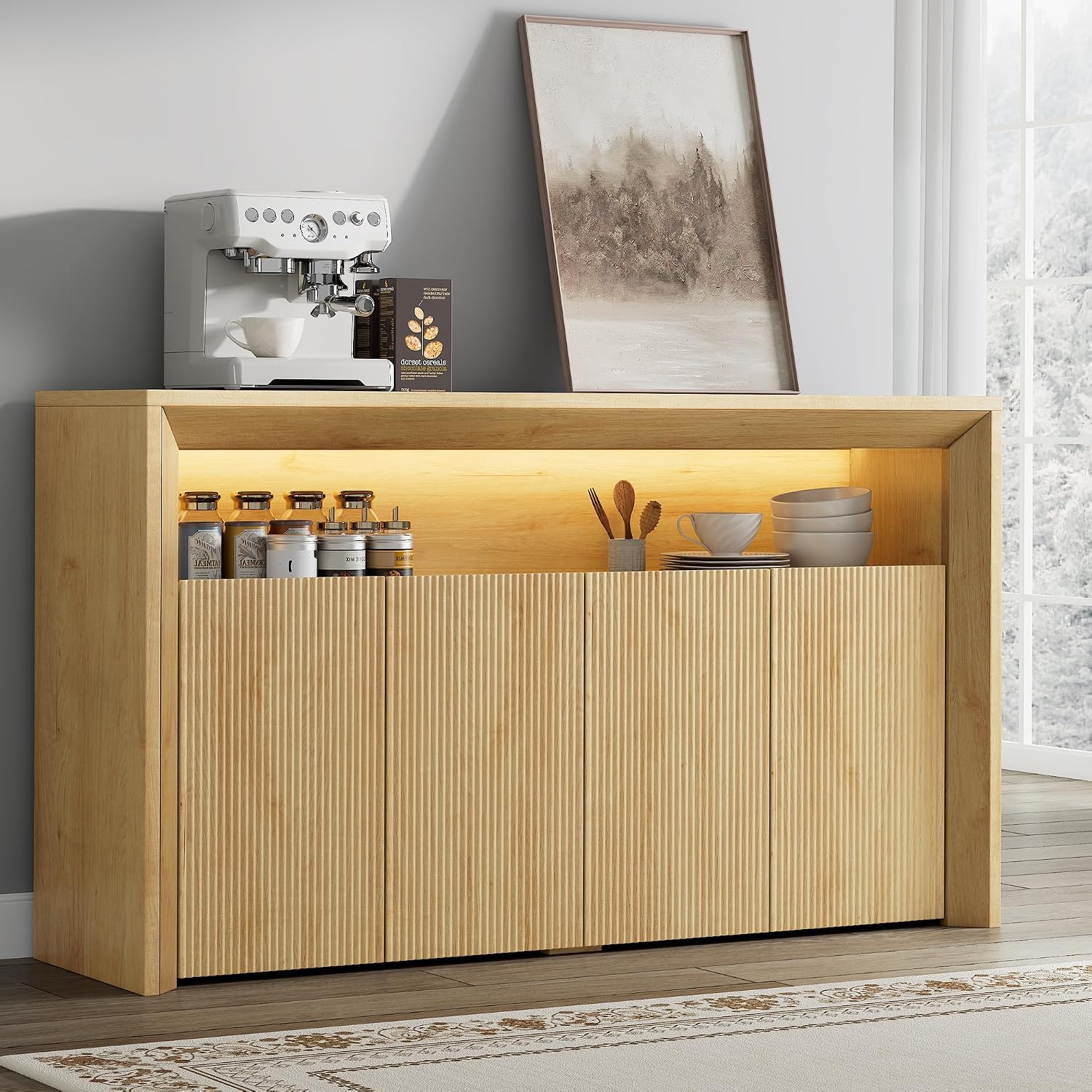 Einhomn 66.2' Buffet Cabinet with Storage and led Lights, Modern Sideboard Cabinet with 4 Doors & Shelves, Fluted Media Console Mid Century Coffee Bar Table for Living Room Kitchen Dining Room, Oak