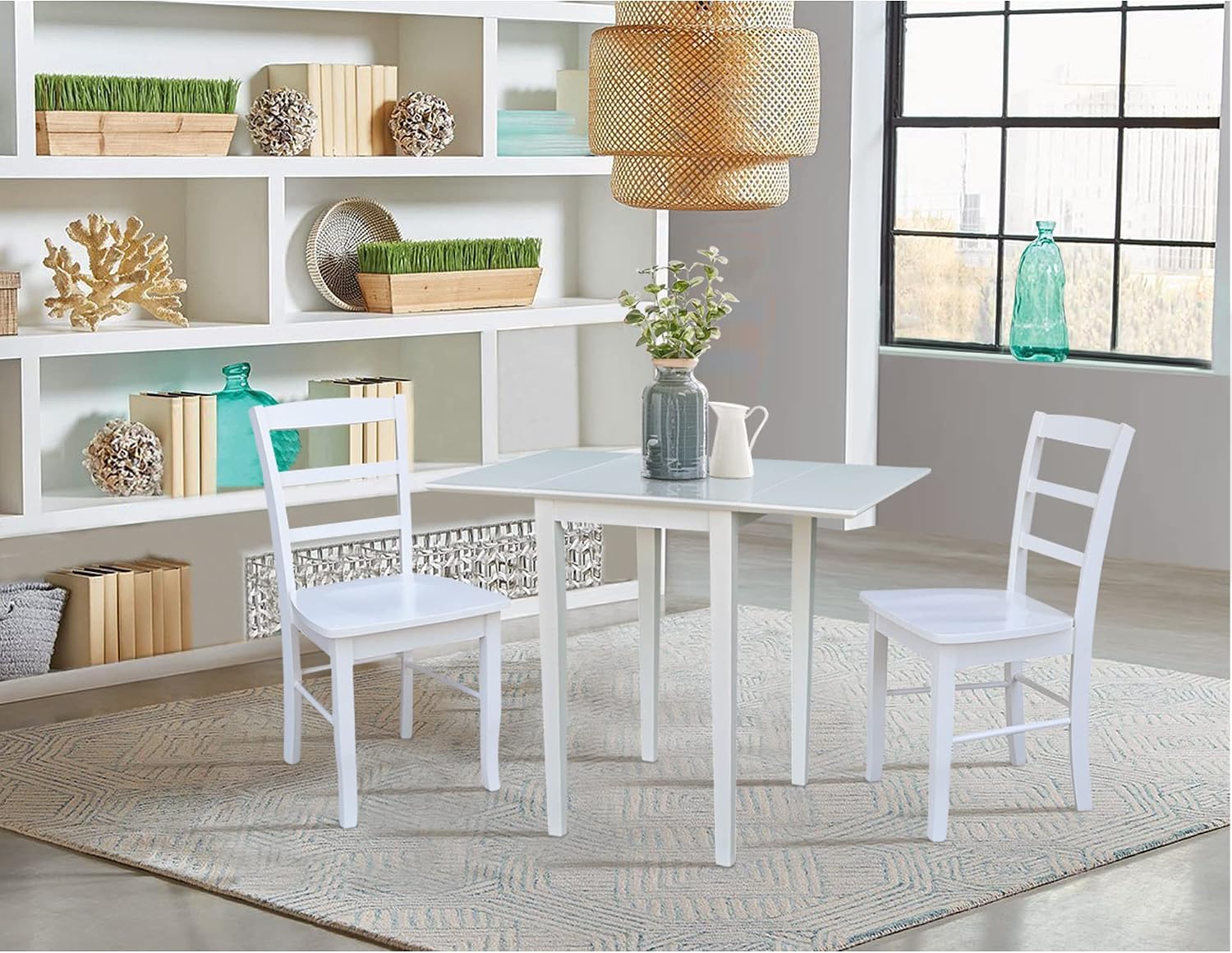 IC International Concepts, Solid Wood Small Drop Leaf Dining Table, Solid Real Wood, Sturdy Parawood, White