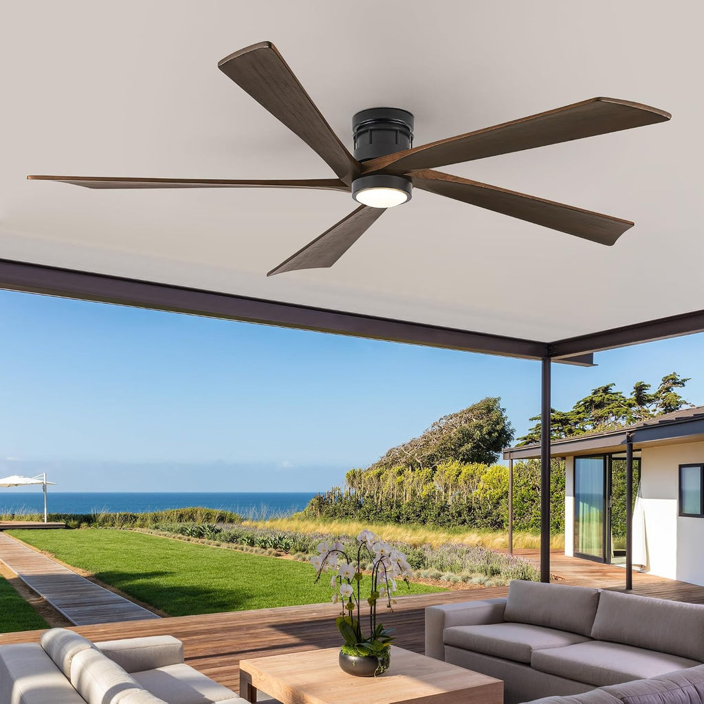 EKIZNSN 84 Inch Outdoor Low Profile Flush Mount Ceiling Fans with Lights and Remote Control for Patios, 6-Gear Speed, 110V Noiseless Reversible DC Motor (Black Finish with Walnut Blades)