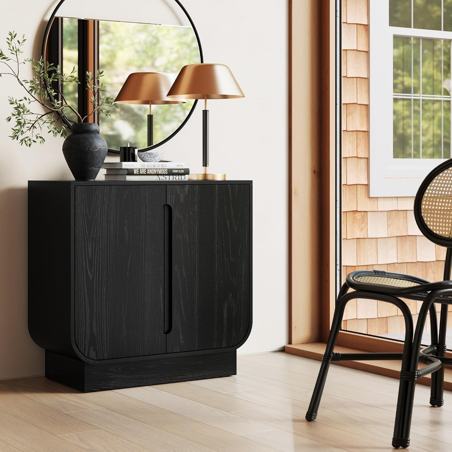 Nathan James Joey Mid Century Modern Storage Cabinet, Arched Accent Cabinet with Rounded Bottom Edges and Integrated Door Pull Cutouts, Black Oak