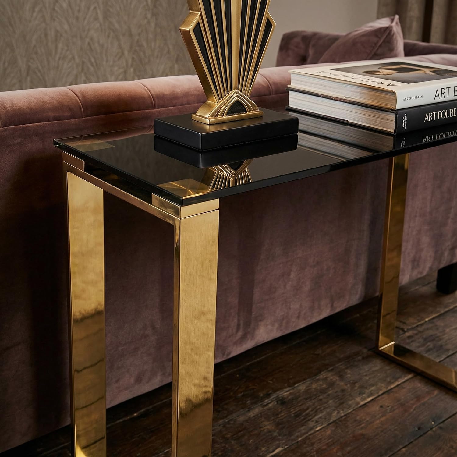 Cortesi Home Remini Narrow Contemporary Glass Console Table in Polished Gold Finish, Black Glass